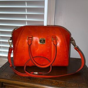 MCM Ivana Rare Orange Embossed Visetos Bowler Bag With Crossbody Strap